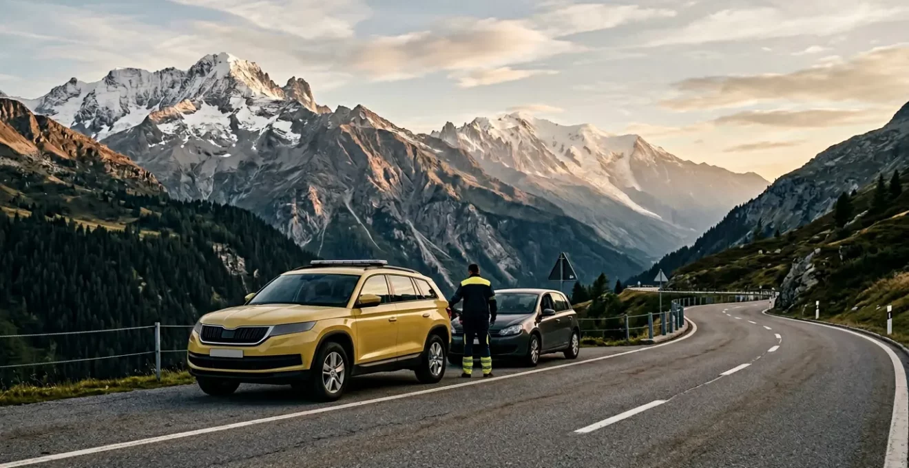 Scene d'assistance automobile professionnelle en contexte montagnard suisse avec intervention de depannage