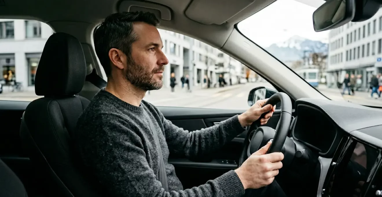 Conducteur prudent au volant d'une voiture moderne dans un environnement urbain suisse