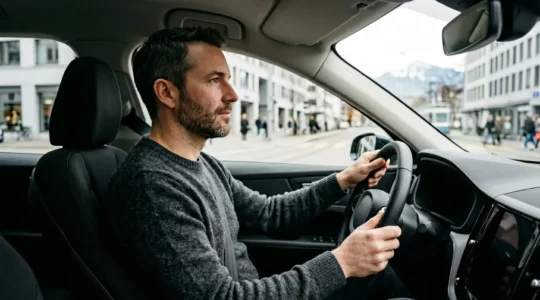 Conducteur prudent au volant d'une voiture moderne dans un environnement urbain suisse