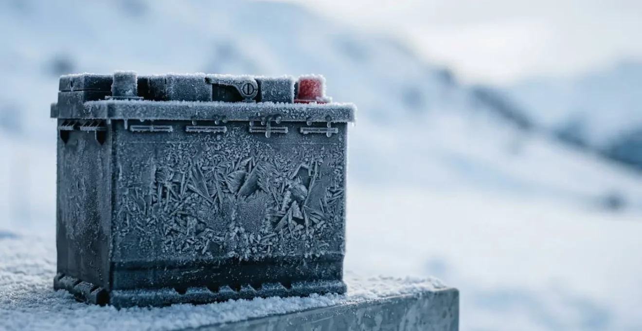 Batterie de voiture dans un environnement hivernal glacial illustrant les défis du démarrage par temps froid