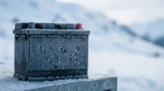 Batterie de voiture dans un environnement hivernal glacial illustrant les défis du démarrage par temps froid