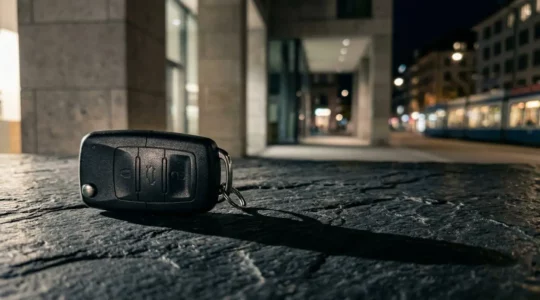 Clé de voiture moderne sans contact posée sur une surface, symbolisant la vulnérabilité au vol électronique