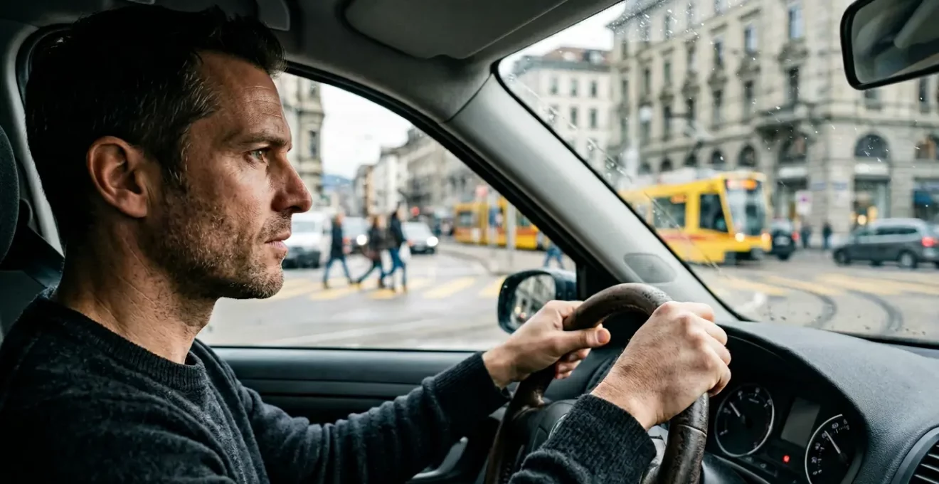 Conducteur concentré anticipant les dangers de la route en milieu urbain suisse