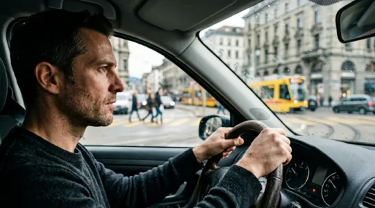 Conducteur concentré anticipant les dangers de la route en milieu urbain suisse