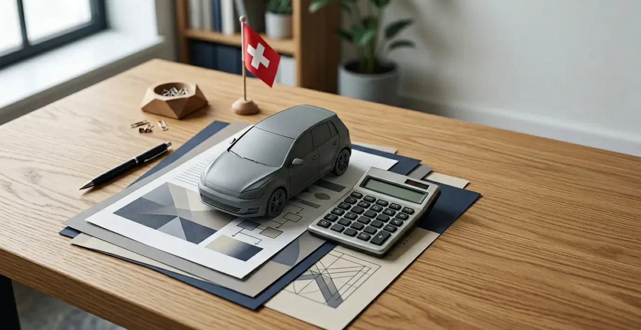Composition organisée de documents d'assurance auto, calculatrice et modèle miniature de voiture sur bureau suisse moderne