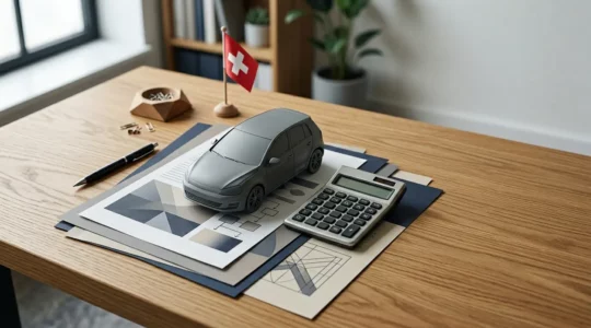 Composition organisée de documents d'assurance auto, calculatrice et modèle miniature de voiture sur bureau suisse moderne