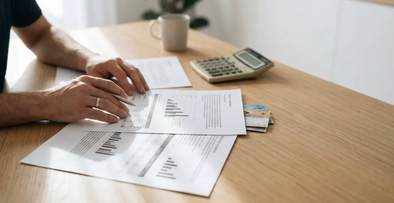 Personne vérifiant des documents d'assurance automobile avec calculatrice et économies en Suisse