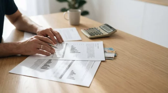 Personne vérifiant des documents d'assurance automobile avec calculatrice et économies en Suisse