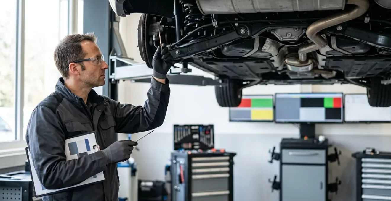 Expert technique inspectant un véhicule lors d'un contrôle périodique obligatoire dans un centre d'expertise automobile suisse