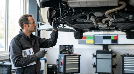 Expert technique inspectant un véhicule lors d'un contrôle périodique obligatoire dans un centre d'expertise automobile suisse