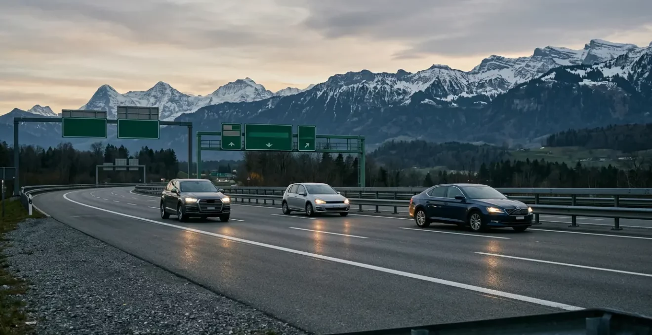 Vue d'autoroute suisse avec espacement de sécurité entre véhicules en mouvement
