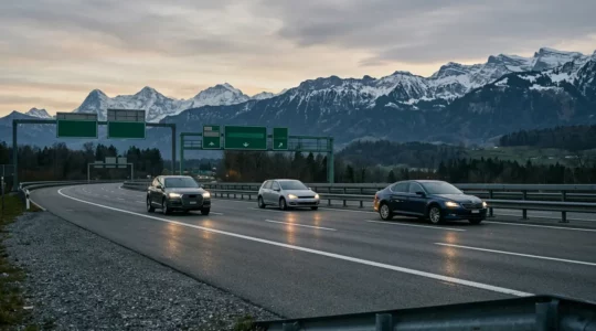 Vue d'autoroute suisse avec espacement de sécurité entre véhicules en mouvement