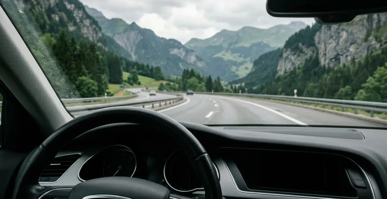 Tableau de bord de voiture moderne avec volant et route floue symbolisant la distraction au volant