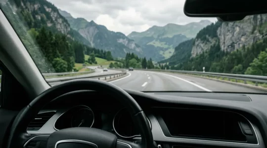 Tableau de bord de voiture moderne avec volant et route floue symbolisant la distraction au volant