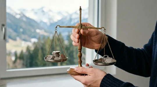 Jeune conducteur suisse face à des choix d'assurance automobile, équilibrant sécurité et budget