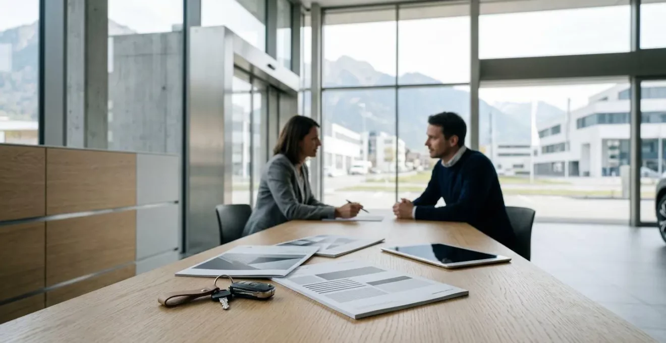 Scène professionnelle représentant les aspects du leasing automobile et de l'assurance casco complète en Suisse