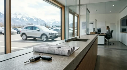 Vue d'ensemble d'une scène de location de voiture avec clés et documents, évoquant le choix d'assurance sans texte visible
