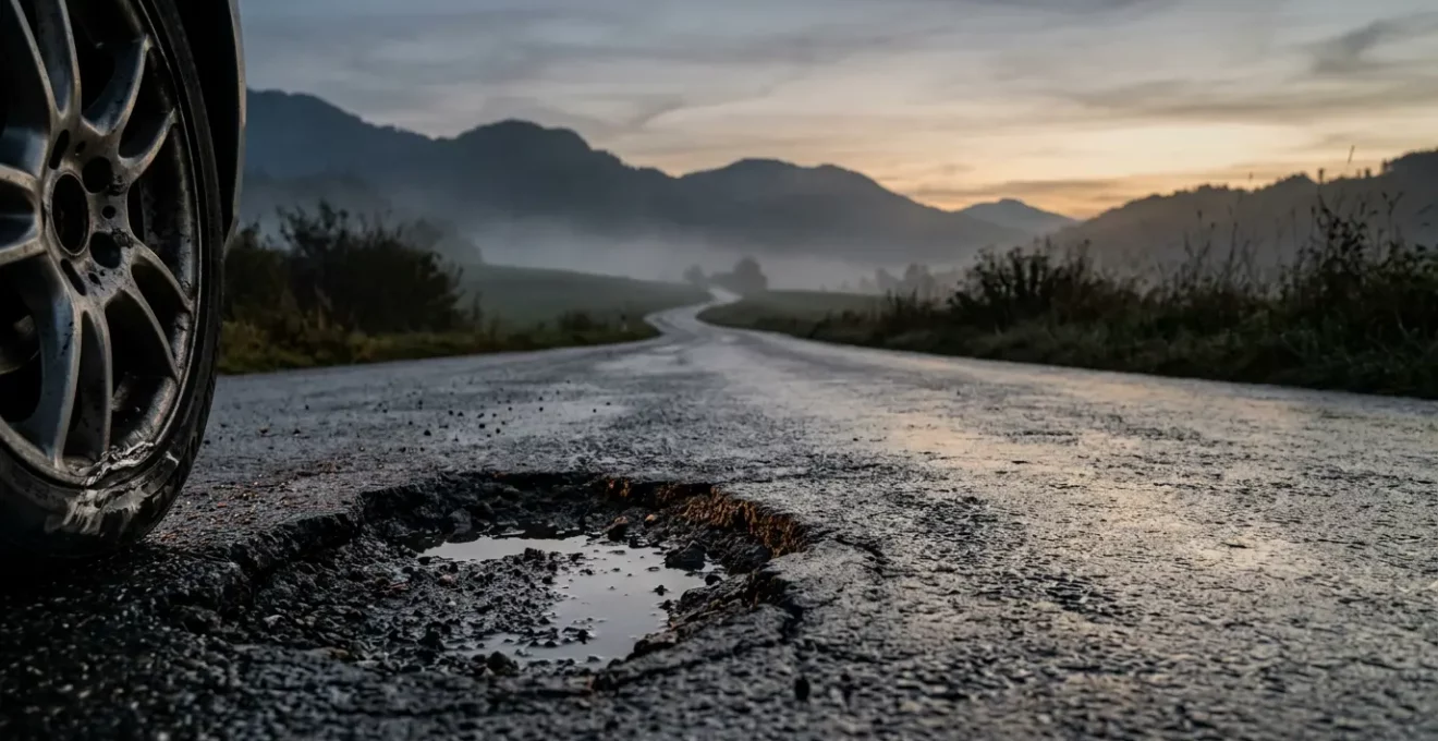 Roue de voiture endommagée par un nid de poule sur une route suisse