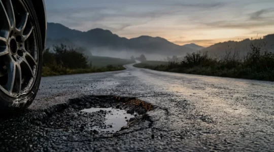 Roue de voiture endommagée par un nid de poule sur une route suisse