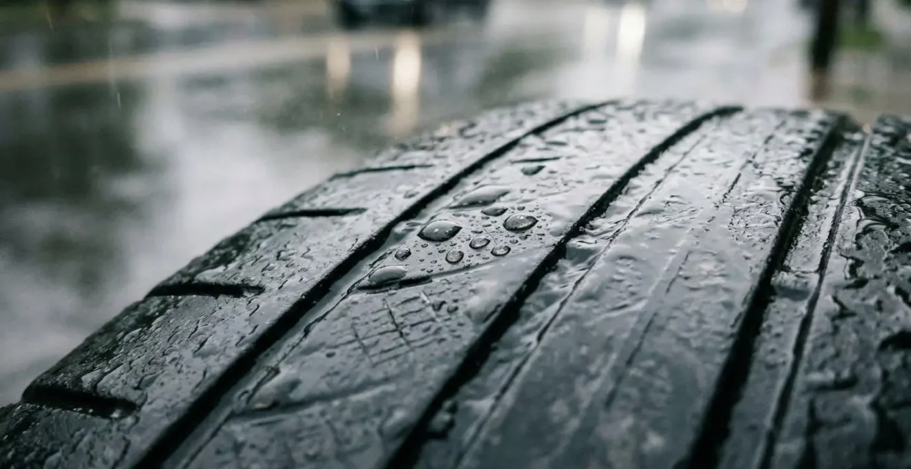 Gros plan dramatique sur un pneu automobile à faible profondeur de profil sous une pluie battante, illustrant le danger de la limite légale de 1.6mm