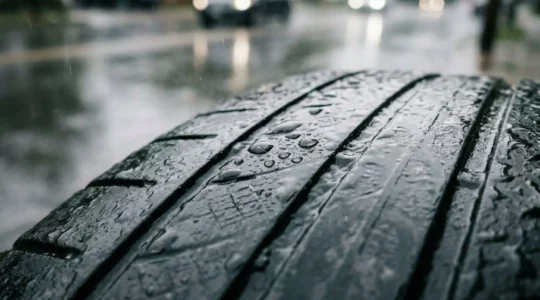 Gros plan dramatique sur un pneu automobile à faible profondeur de profil sous une pluie battante, illustrant le danger de la limite légale de 1.6mm