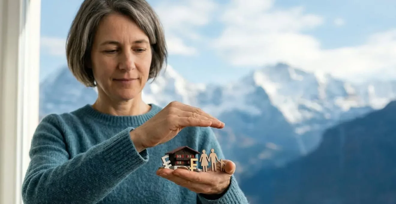Main protégeant symboliquement des silhouettes de familles suisses avec montagne en arrière-plan représentant la sécurité financière à long terme