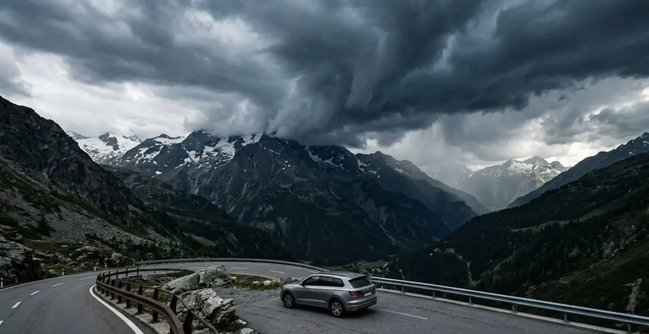 Voiture sous un ciel orageux dans un paysage alpin suisse avec grêlons et intempéries