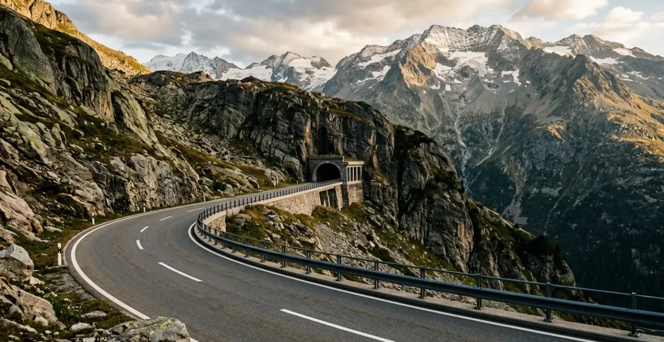 Route de montagne alpine suisse serpentant vers l'entrée d'un tunnel dans un paysage alpin spectaculaire