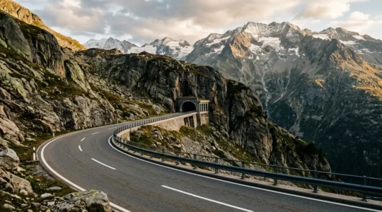 Route de montagne alpine suisse serpentant vers l'entrée d'un tunnel dans un paysage alpin spectaculaire
