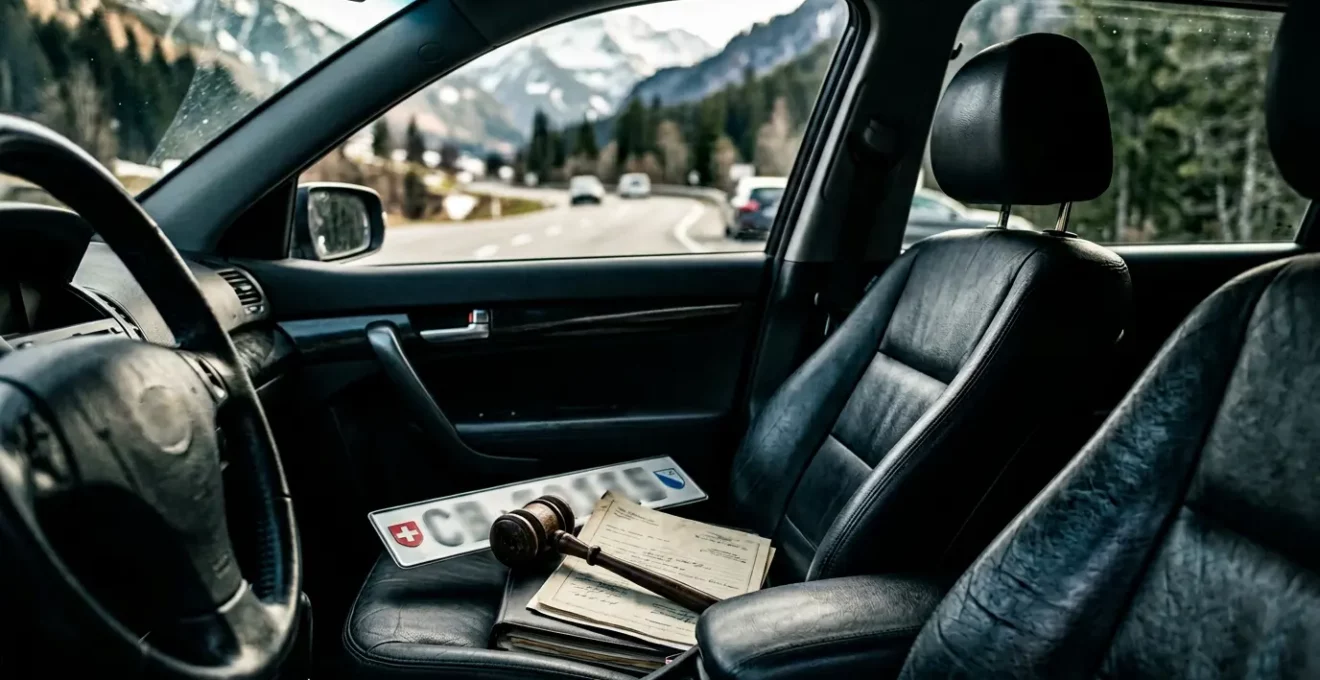 Composition symbolique évoquant les conséquences juridiques de la conduite sans assurance en Suisse