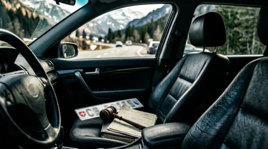 Composition symbolique évoquant les conséquences juridiques de la conduite sans assurance en Suisse