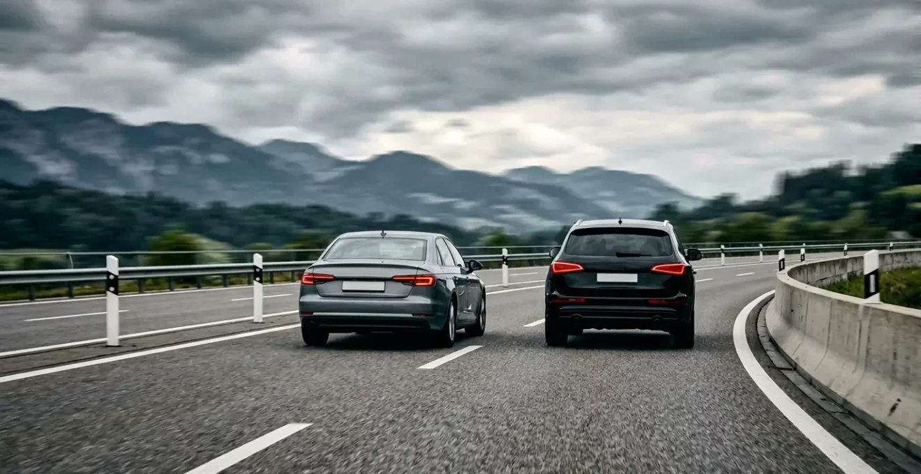 Vue arrière d'un véhicule sur autoroute avec distance de sécurité insuffisante illustrant le risque de talonnage
