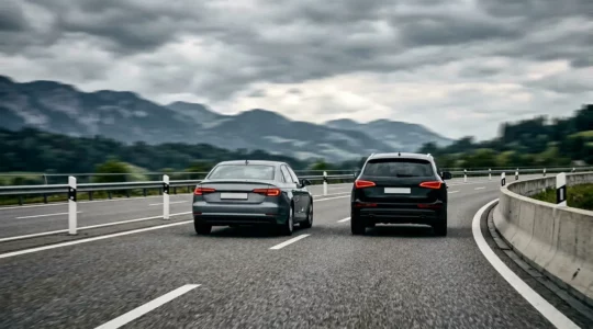 Vue arrière d'un véhicule sur autoroute avec distance de sécurité insuffisante illustrant le risque de talonnage
