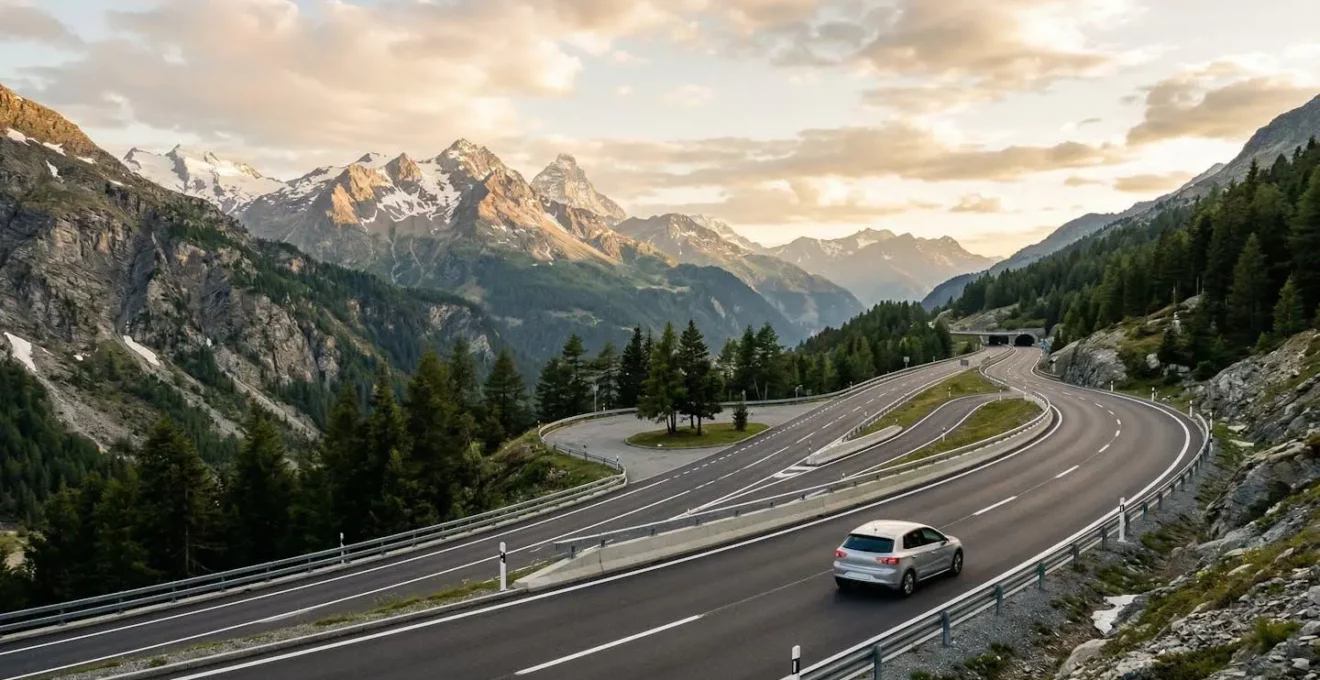 Route suisse avec véhicule circulant en respectant les règles de sécurité routière, évoquant la vigilance et la sécurité