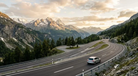 Route suisse avec véhicule circulant en respectant les règles de sécurité routière, évoquant la vigilance et la sécurité