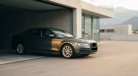 Voiture neuve sortant d'un garage avec reflet symbolisant la perte de valeur immédiate