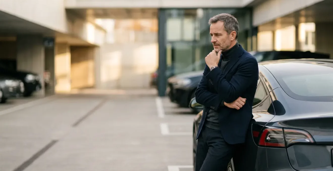 Conducteur réfléchissant aux choix d'assurance automobile et au budget devant son véhicule