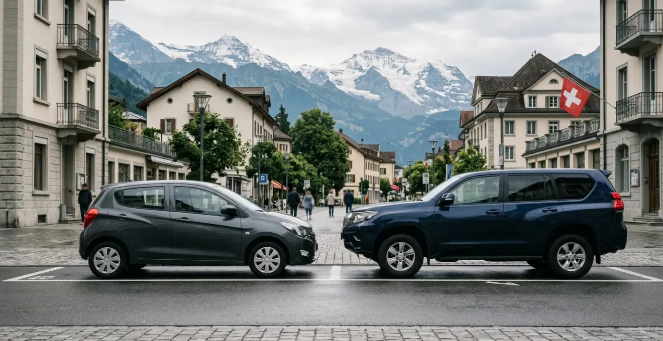 Comparaison symbolique entre deux véhicules de puissance différente dans un contexte suisse