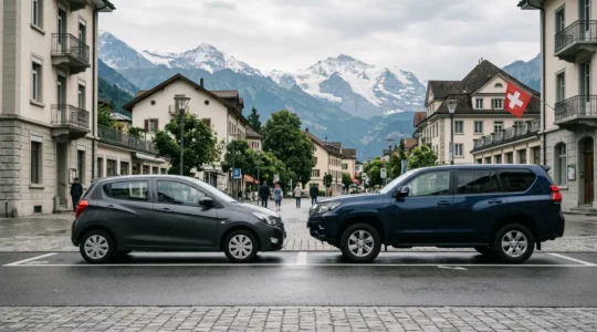 Comparaison symbolique entre deux véhicules de puissance différente dans un contexte suisse