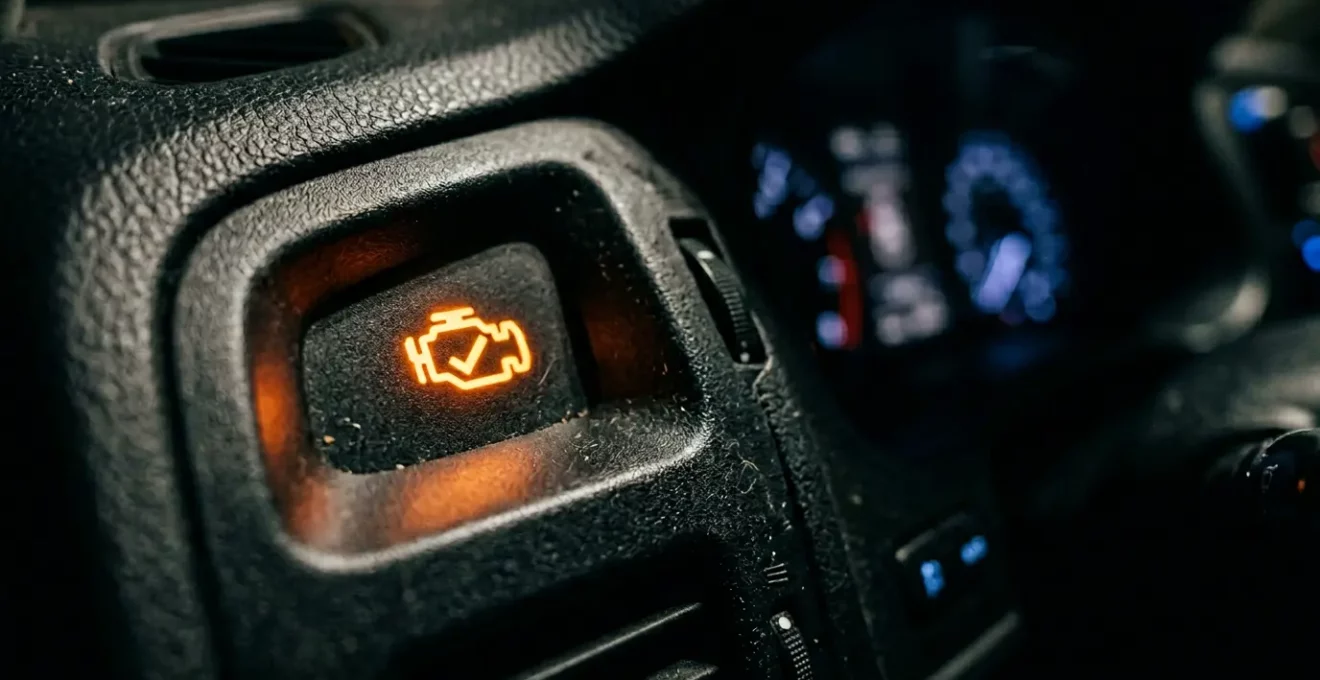 Gros plan sur un tableau de bord automobile moderne avec voyant moteur orange allumé, atmosphere inquiétante mais réaliste