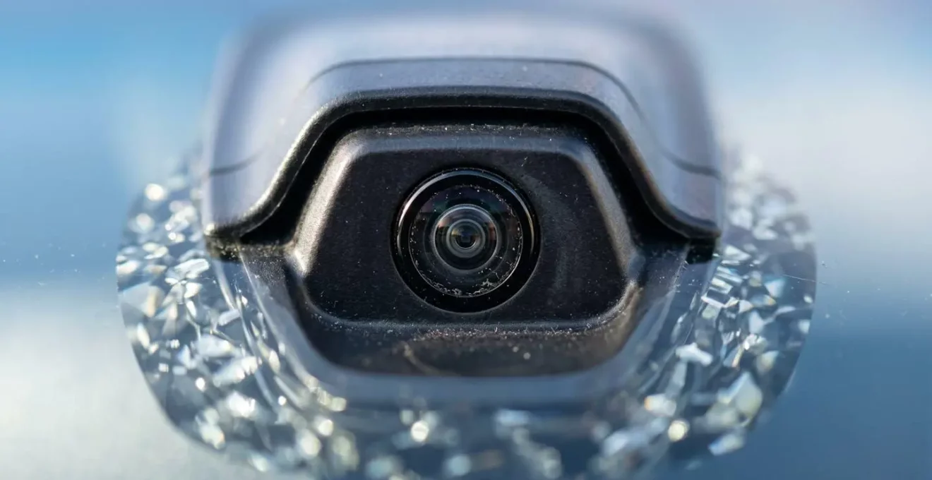 Gros plan macro sur capteur de caméra ADAS intégré dans un pare-brise moderne