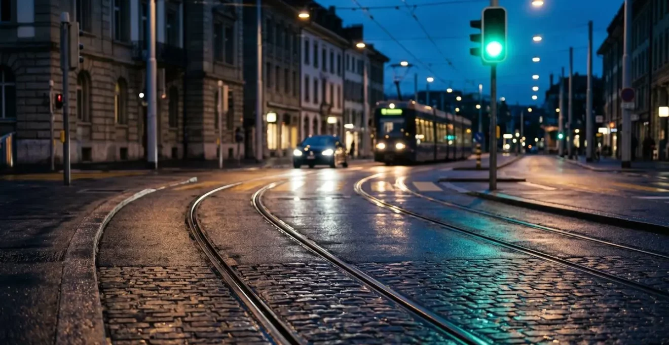 Intersection urbaine suisse avec tram et circulation automobile dense montrant les risques de collision