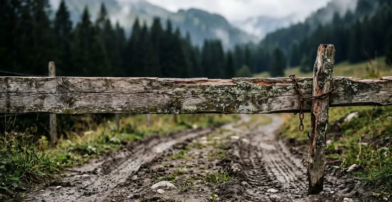 Chemin rural de montagne avec barrière symbolisant les zones d'accès restreint en milieu alpin