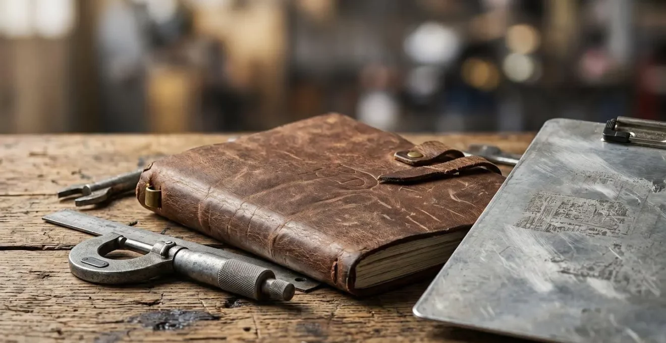 Scène minimaliste représentant une expertise automobile avec documents et outils professionnels