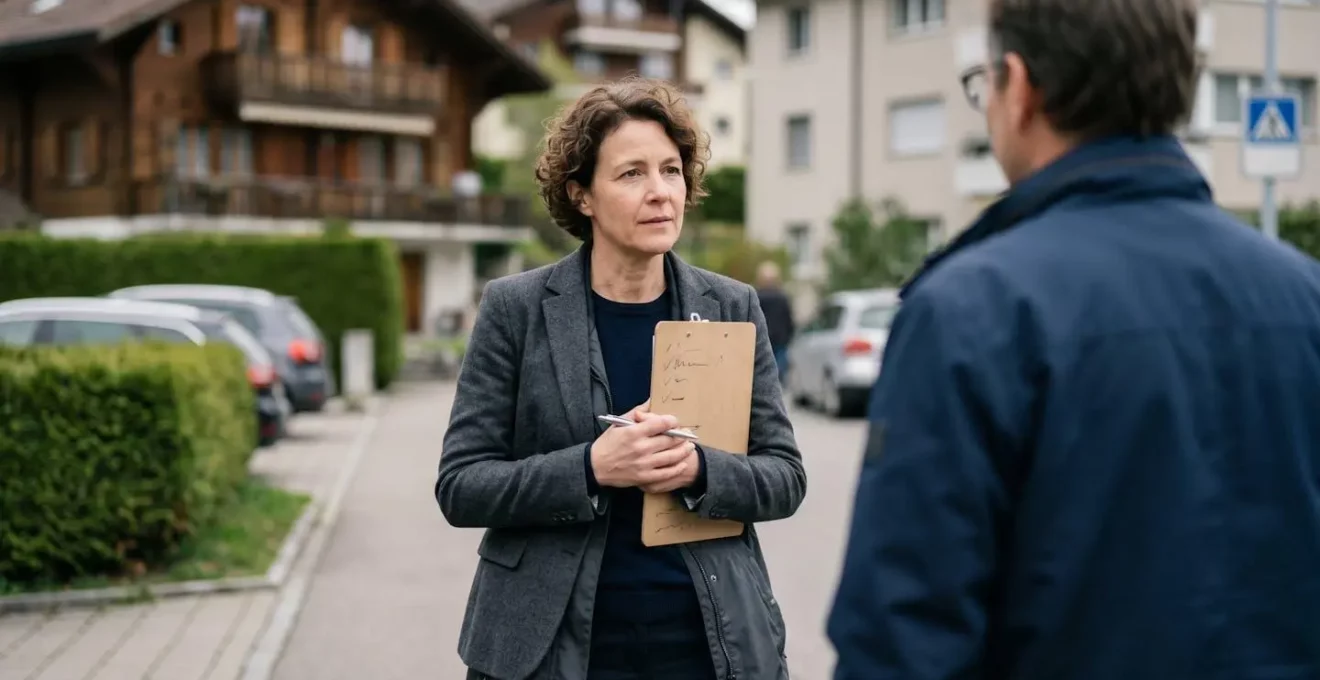 Inspecteur d'assurance suisse effectuant une vérification de voisinage pour identifier le conducteur habituel d'un véhicule