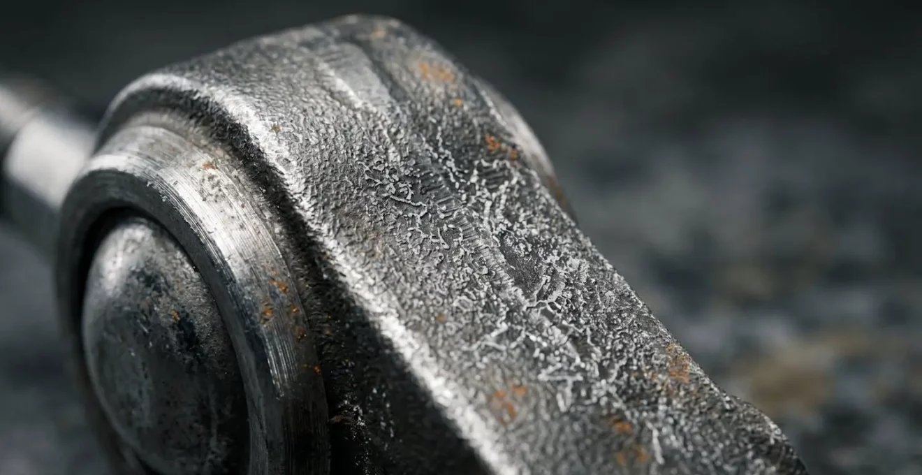 Composants métalliques de suspension automobile montrant les effets de la corrosion causée par le sel de déneigement hivernal
