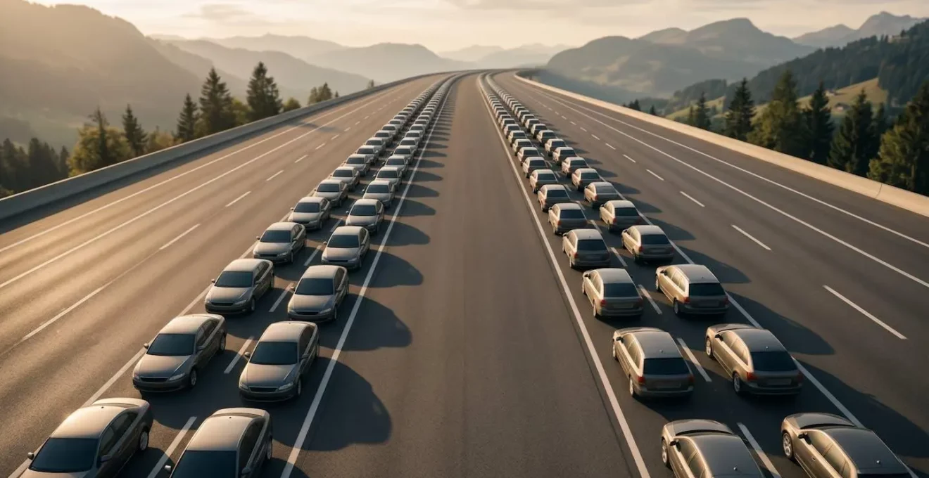 Vue aérienne d'une autoroute avec véhicules formant un couloir de secours entre les voies, illustrant l'organisation et l'anticipation