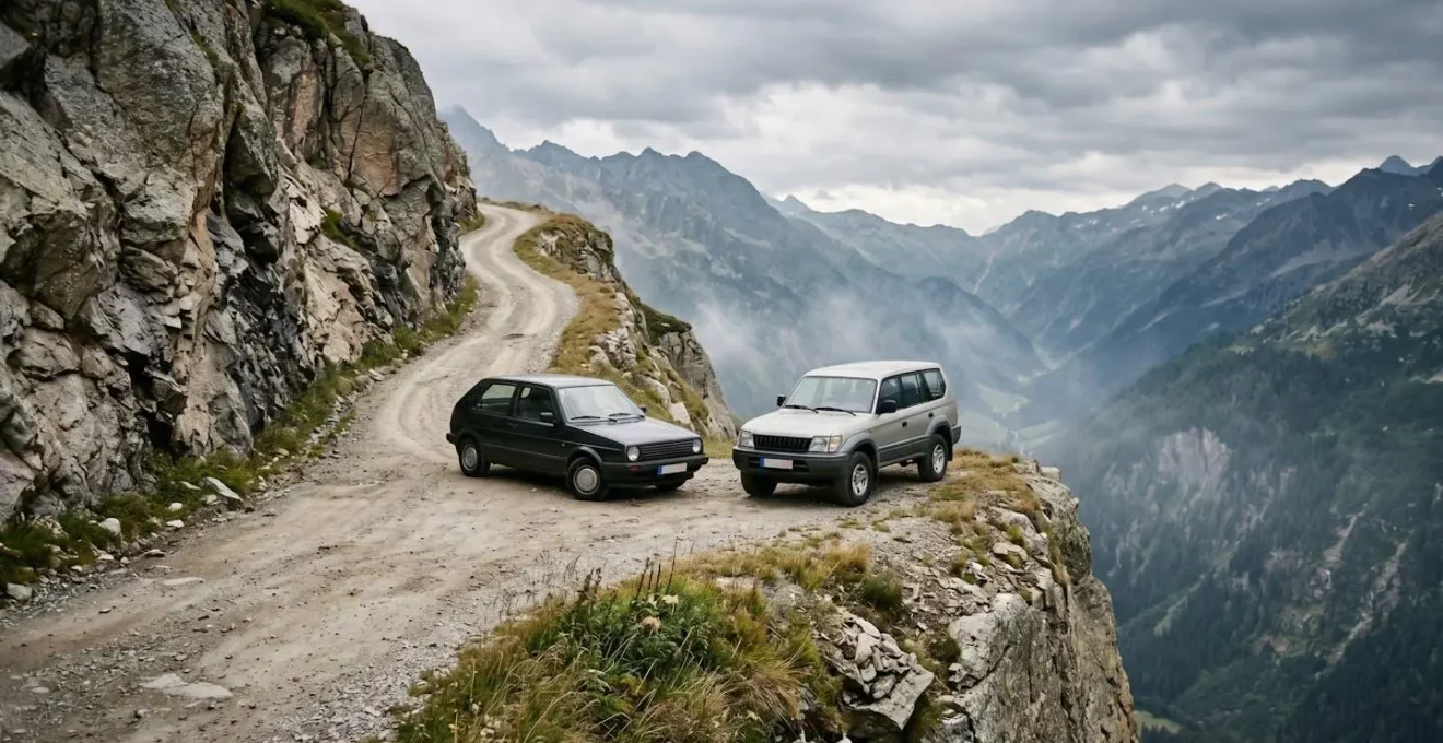 Deux véhicules face à face sur une route de montagne étroite illustrant la problématique des règles de priorité