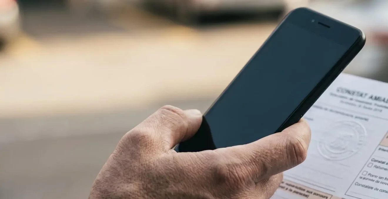 Main tenant un smartphone pour photographier un constat amiable après un accident automobile en Suisse