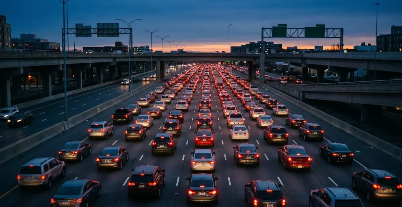 File de feux arrière de véhicules en mouvement sur autoroute urbaine au crépuscule